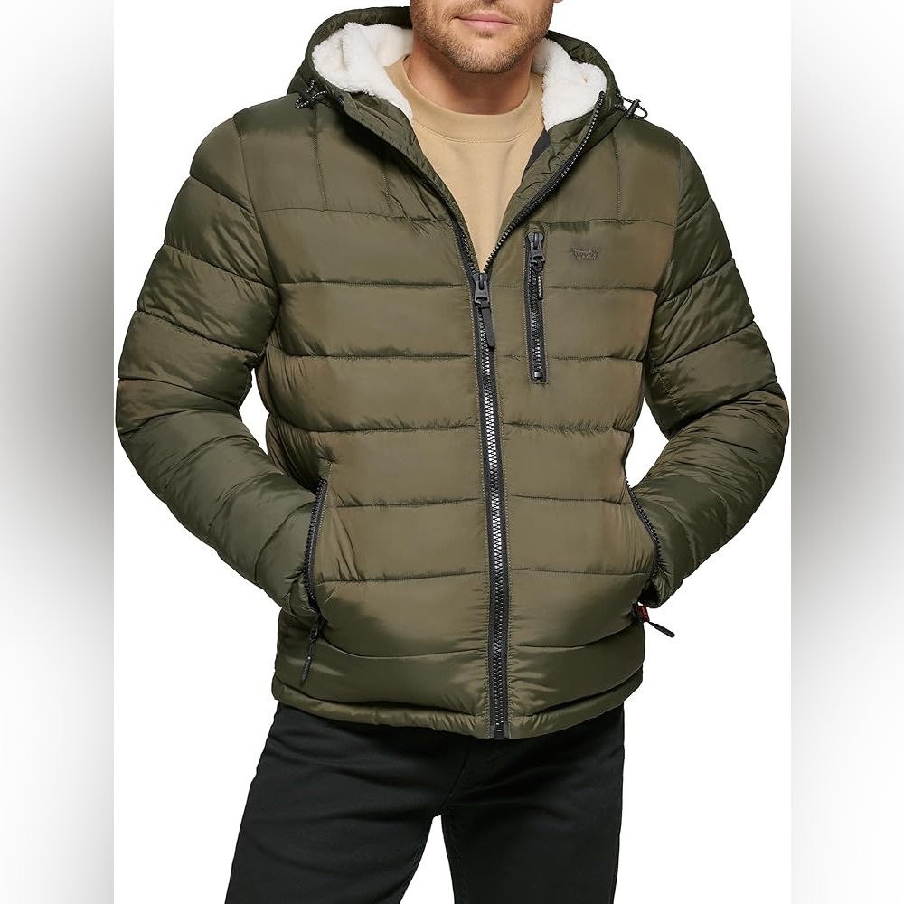 Levi's Men's Size Small Green Puffer Jacket 3 Season Warm Outdoor Neutral Sherpa